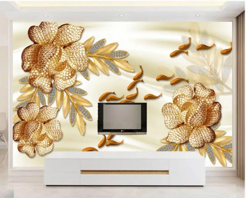 

3D Wallpaper Custom 3d Mural Wallpaper Golden jewels flower TV Backdrop Bedroom Photo Wall Paper 3D