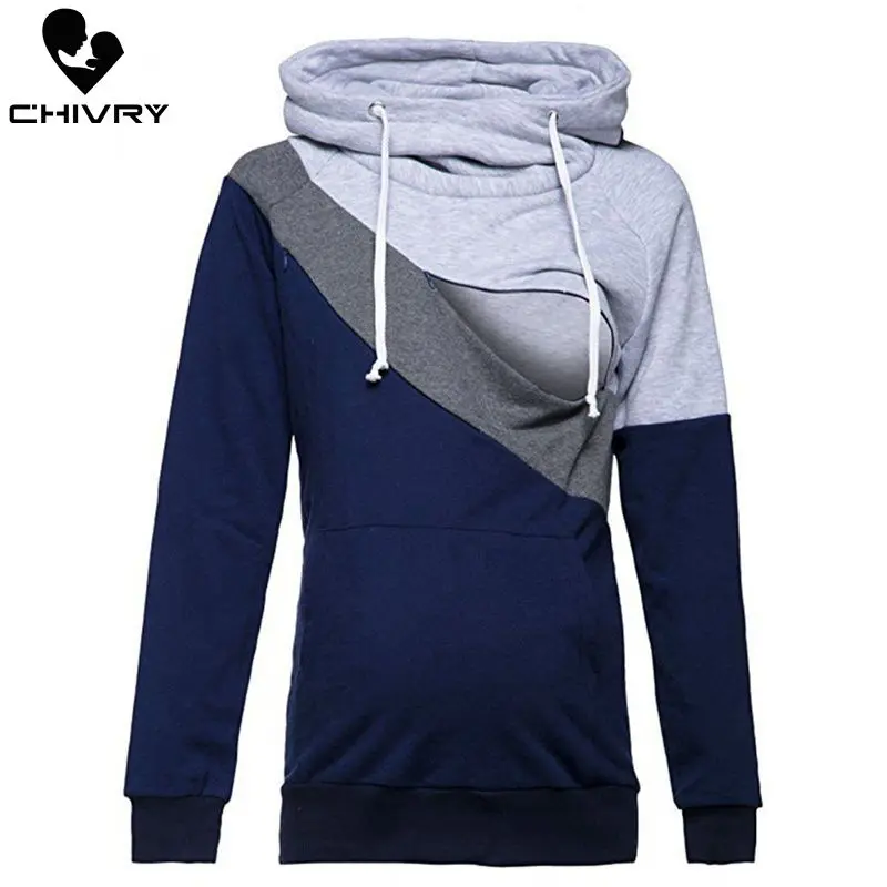 Chivry Maternity Patchwork Sweatshirt Breastfeeding Clothes Hooded Pregnant Hoodies Women Nursing Tops Pregnancy Sweatshirt