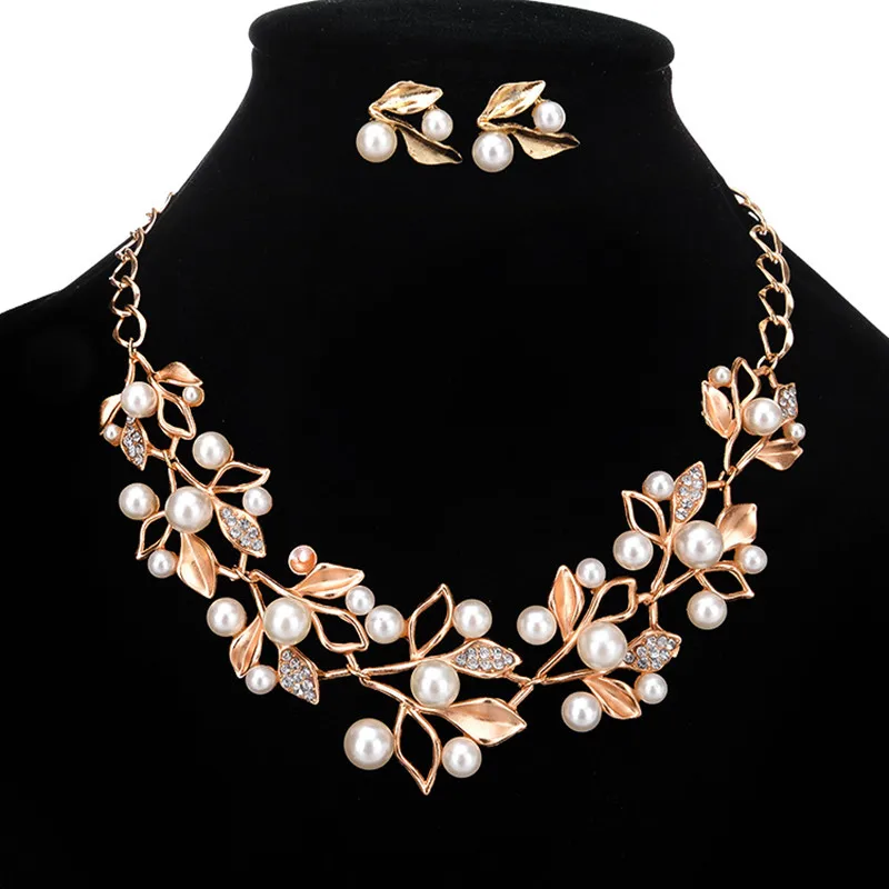 Simulated Pearl Jewelry Set Leaves Necklaces & Pendants Statement Necklace Earrings Set Gold Color Bridal Jewelry Sets For Women