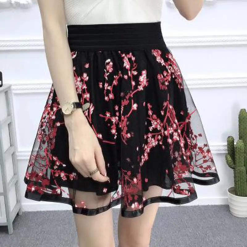 

Zuolunouba New Casual Grid Cherry Blossoms Floral Lace Skirts Women A-line Mini Black Skirts Female High Waist Prevent Exposure