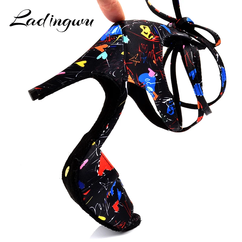 Ladingwu New Modern Floral Satin Salsa Dance Shoes Woman Girls Simple Style Latin Dance Shoes Soft Bottom Ballroom Dance Shoes