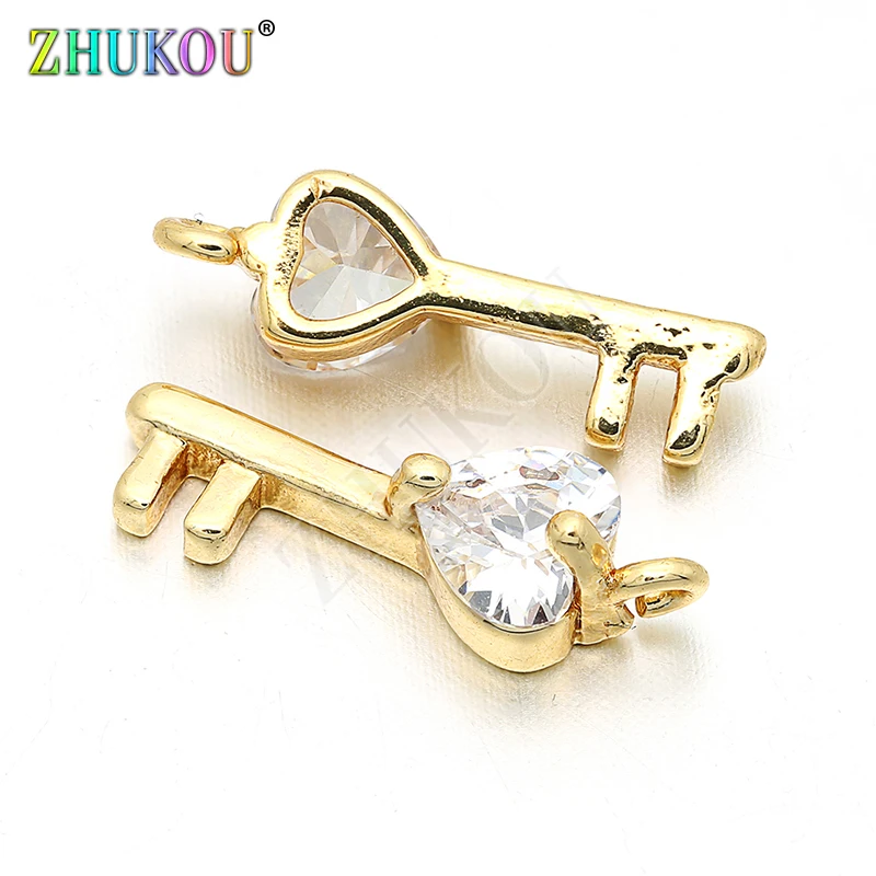 5*16mm Brass Cubic Zirconia Key with Crystal Love Heart Charms Pendants DIY Jewelry Findings Accessories, Model: VD128