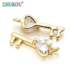 5*16mm Brass Cubic Zirconia Key with Crystal Love Heart Charms Pendants DIY Jewelry Findings Accessories, Model: VD128