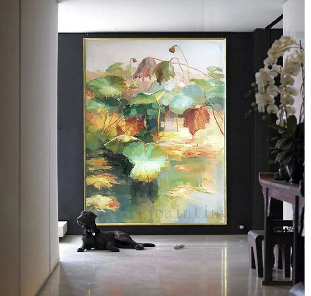 

Hand Painted Landscape Oil Painting Large Modern Flower in the Pond Home Decorative Lotus Pond Handmade Lotus Painting Artwork