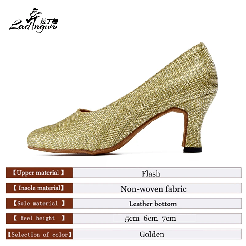 Ladingwu Cahaya emas Flash Kain Slip-on Toe Tertutup Ballroom Salsa Tari Sepatu indoor Lembut Bawah zapatos baile mujer latino