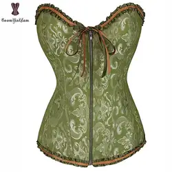 Lace Up Zipper Corset White Blue Green Red Korse Gothic Women Korset Over Bust Boned Corselet Jacquard Floral Corselet Bustier