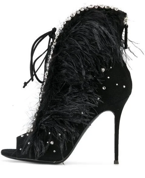 Sexy Black Feather Women Boots Peep Toe Lace-up Crystal Embellished Women Ankle Boots High Heels Cut-out V-style Bootie