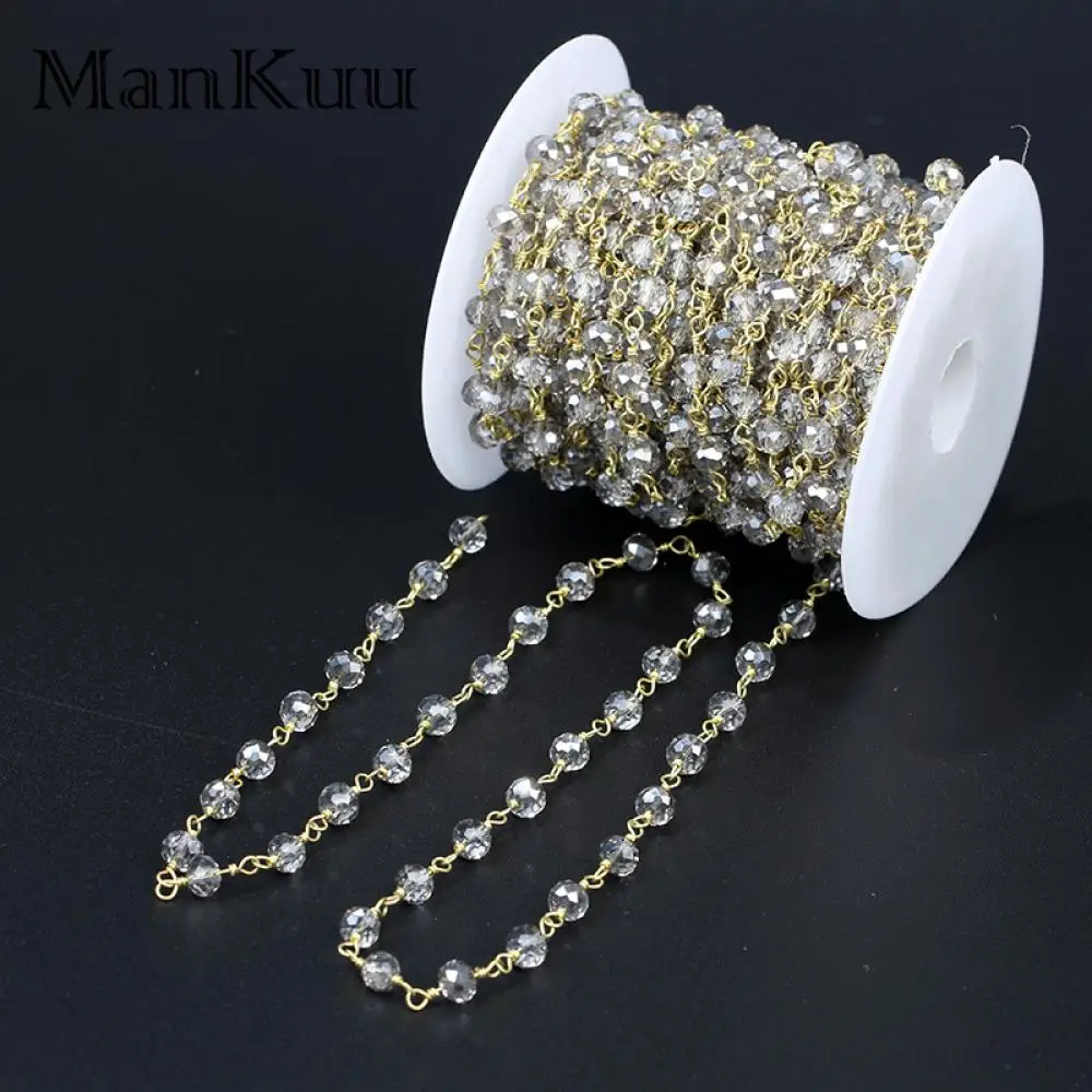 Mankuu 4*6mm Rondelle Natural Stone Bead Gold Plating Grey Smoky Crystal Chains For Handmade DIY Jewelry Making 5M/Lot