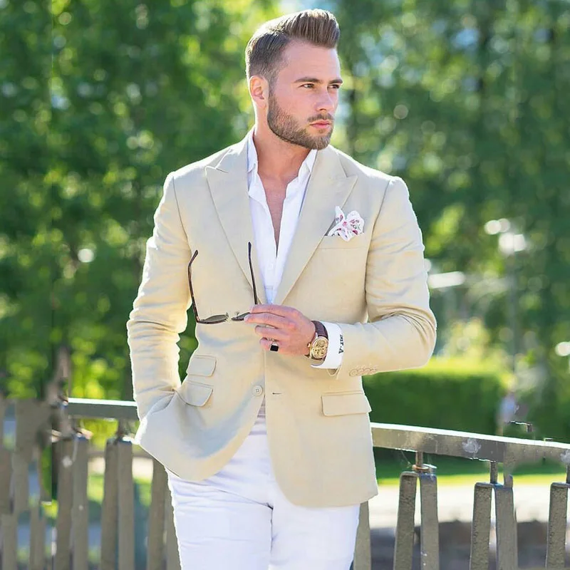 

Custom Ivory Mens Wedding Suits White Pants Groom Tuxedos Terno Masculino Slim Fit Costume Homme 2Piece Man Blazer Prom Party