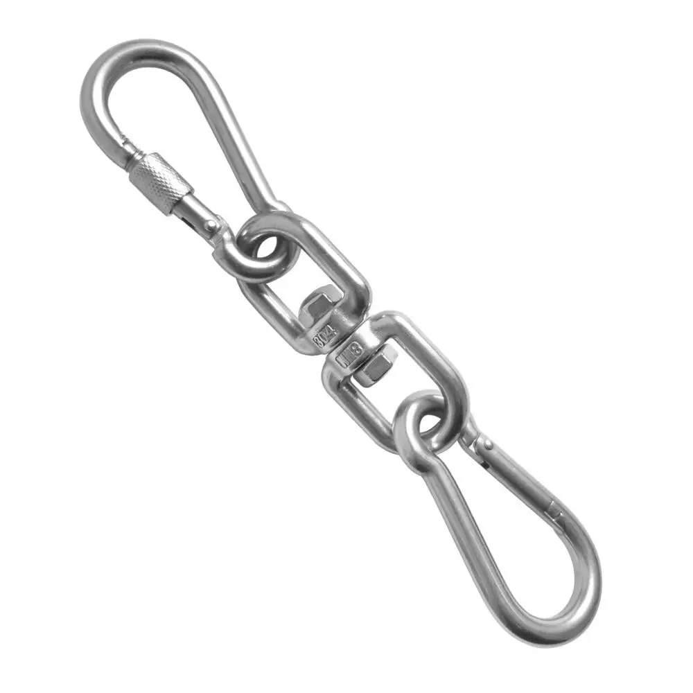 

304 Stainless Steel M8 Double Ended Swivel Eye Hook and Safety Carabiner Spring Snap Hook Swivel Shackle Ring Connector Set of 3