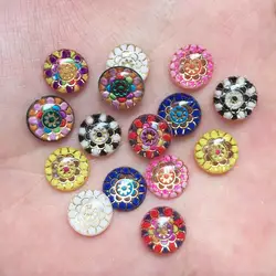 New 80pcs Resin 10mm Round Colorful Flower Flat back rhinestone appliques DIY Wedding scrapbook craft SW41