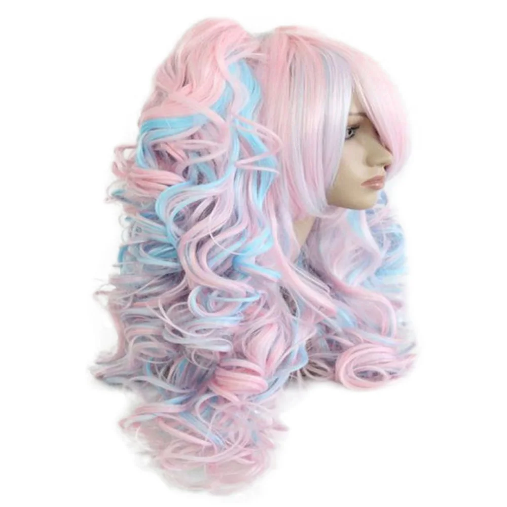 HAIRJOY Women 70cm Long Blue Mixed Pink Wavy Braided 2 Ponytails Synthetic Party Cosplay Wig 30 Colors Available