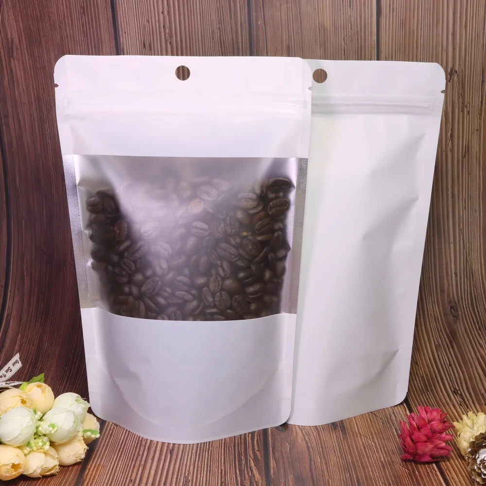 Coffee Bean Food Storage Bags, 14x21cm, 5.5x8.25in, Matte White and Black,Clear Front Zip Lock Stand Up Pouches,Hang Hole,100PCs