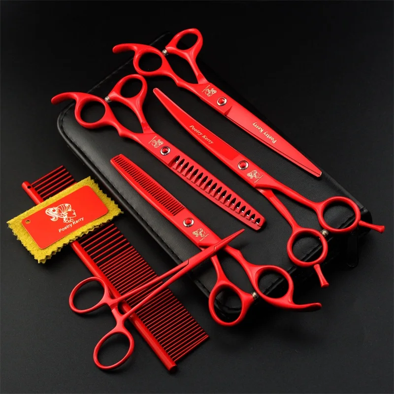 Top Quality Professional Japan 440C  7 Inch Pet Scissors Set Dog Grooming Cutting Thinning Curved Scissors with Comb 6pcs/lot