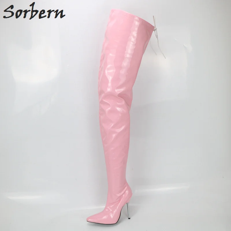 

Sorbern Pink Shiny Metal High Heel Boots For Women Thigh High Stretched Ladies Boots Long Stilettos 12Cm Pointy Toe Shoes Women