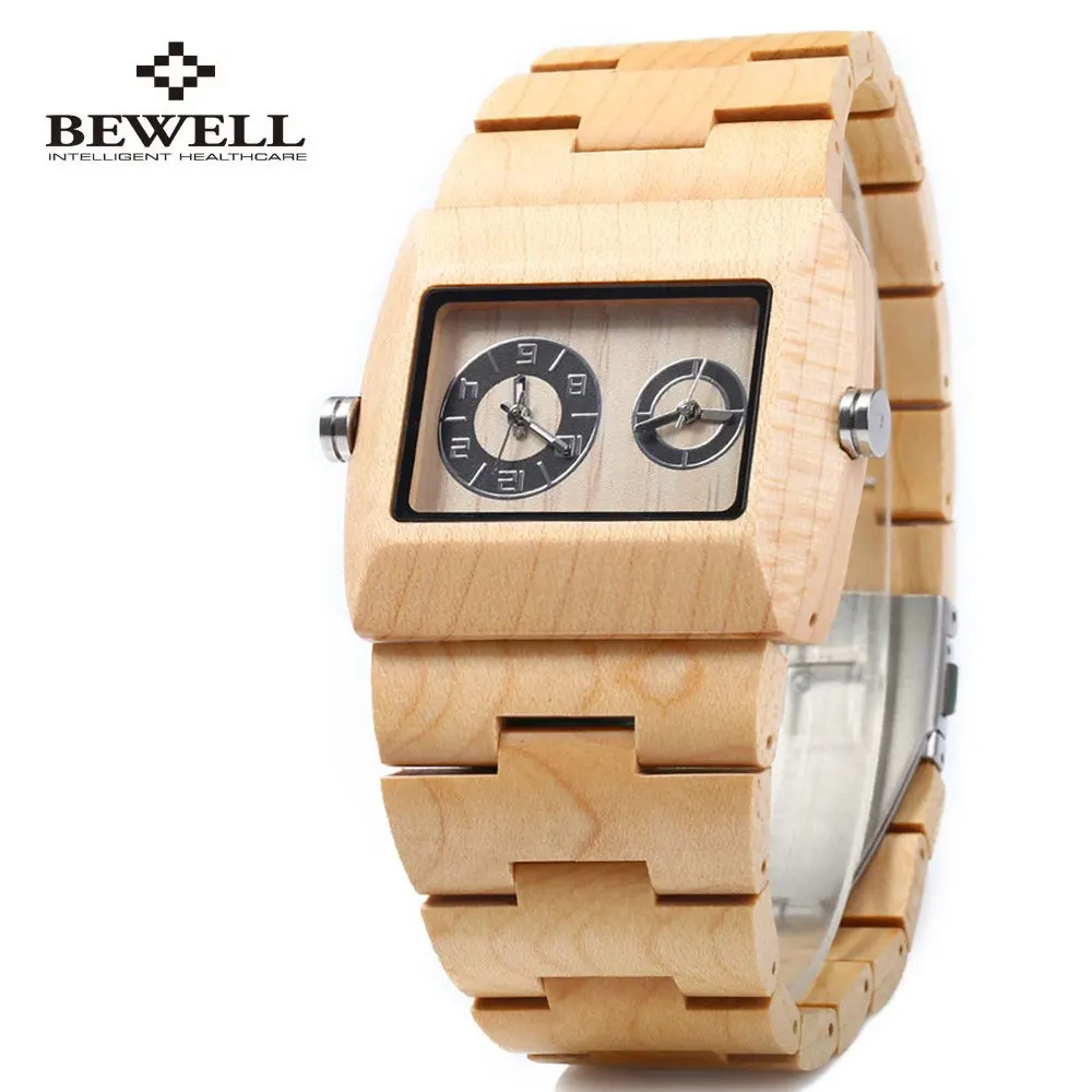 BEWELL Quartz Watch Men Wood Watches, Dual Time Zones Male Dress Watches, Elegant Fashion Waterproof Watches relogio masculino