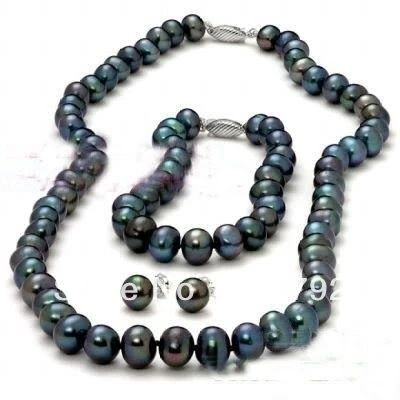 free shipping true 8-9MM Black Pearl Necklace Bracelet & Earring Set