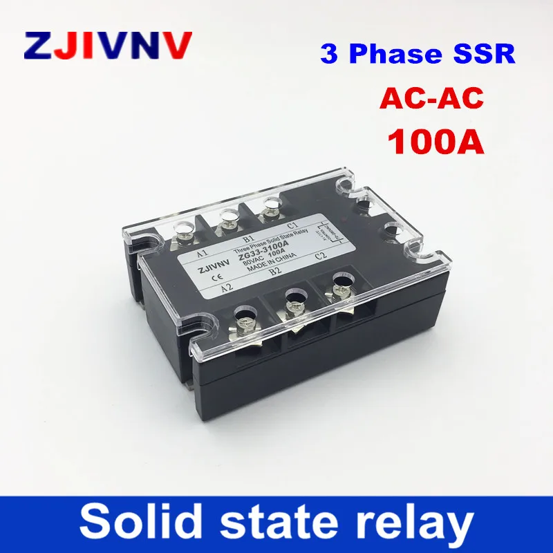 

High quality AC-AC 100A three-phase solid state relay 80-250VAC control 90~ 480VAC 3 Phase SSR free shipping