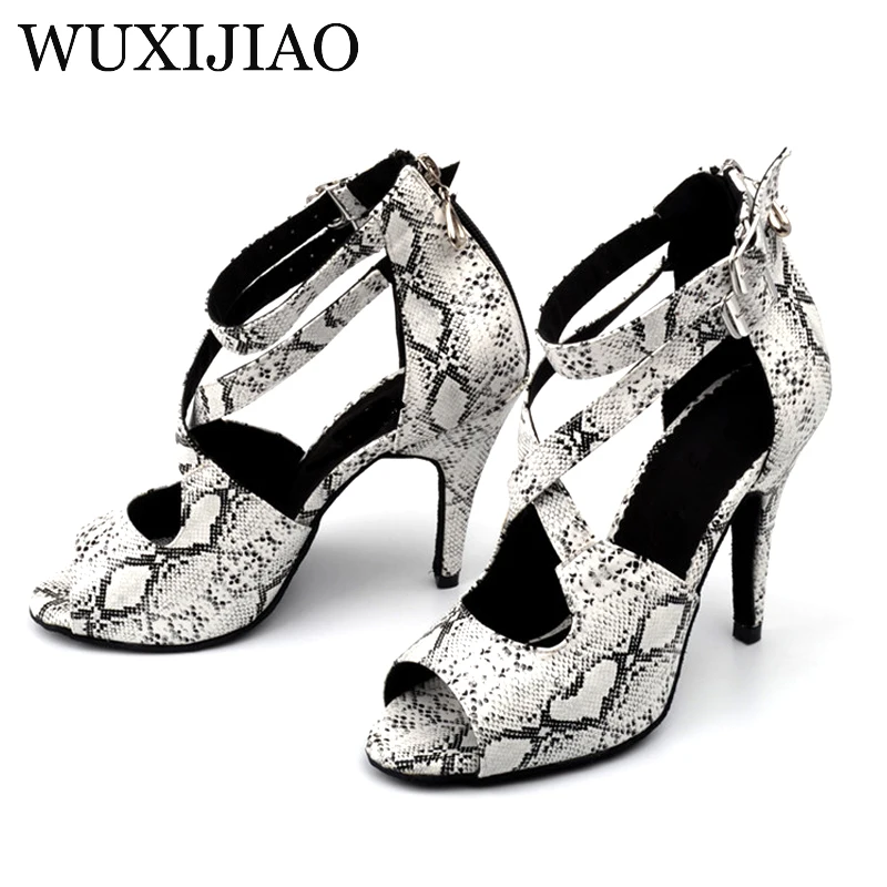 WUXIJIAO Women Latin Ballroom Dance Shoes Snake texture PU Salsa Dancing Shoes high Heel 6CM 7.5CM 8.5CM 10CM Waltz Tango Shoes