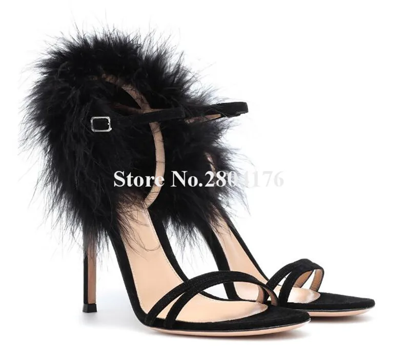 

Women Charming Open Toe Suede Leather Fur Wrap Ankle Stiletto Heel Sandals Blue Black High Heel Sandals Wedding Shoes