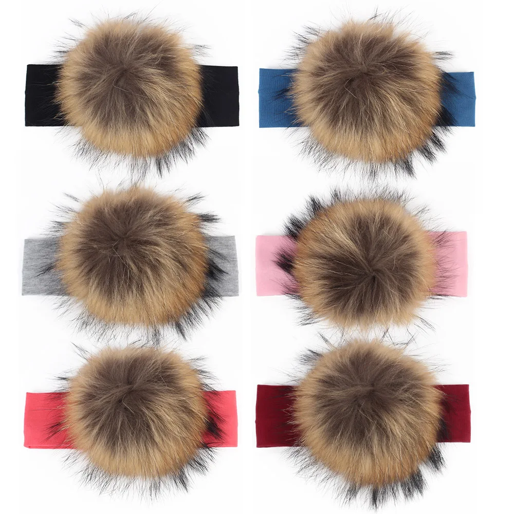 15cm Raccoon Faux Fur Pompoms Baby Headband Cotton Children Girls Elastic Hair Bands Turban For Girl Toddler Headbands