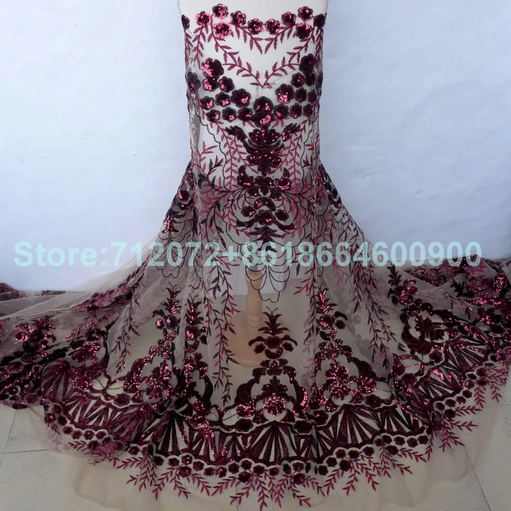 

1 ярд Новое вино/черные блестки на бежевой сетке с вышивкой для свадьбы/освещения/шоу платье кружевная ткань шириной 51 дюйм по дворам