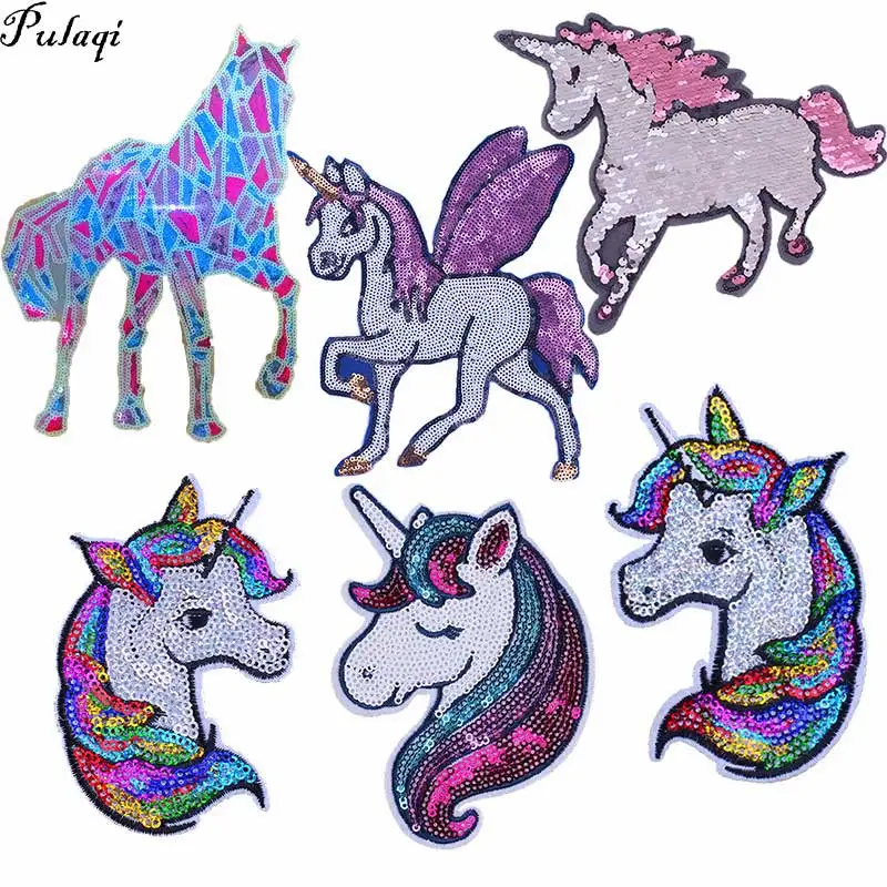 Pulaqi Cloth Sequins Patches For Clothing Unicorn Patch Sew on Patches For Clothes Sequin Applique Stripes On Clothes DIY H