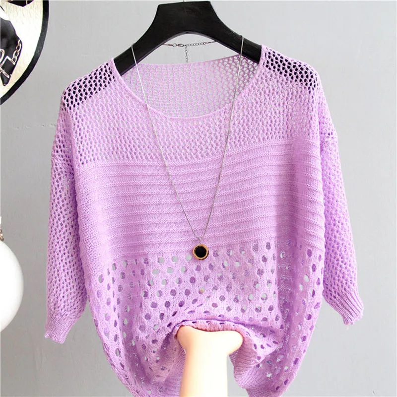 Ladies Summer Hollow Out Pull Knitted Causal Tops Ladies Knitwear Fashion Jumper Solid Women Pullovers Korea Knitwear Female