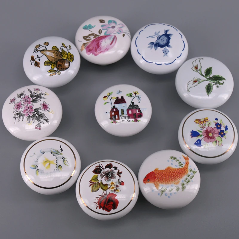 Round Ceramic Kitchen Cabinet Knobs Handles Pastoral Cupboard Drawer Door Knobs Pulls Hardware