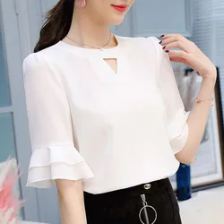 Lente Zomer Vrouwen Chiffon Shirts Vrouwelijke Modieuze Half Mouw Pure Kleur Blouse Kantoor Dames Leisure Slanke Top Kleren H9102