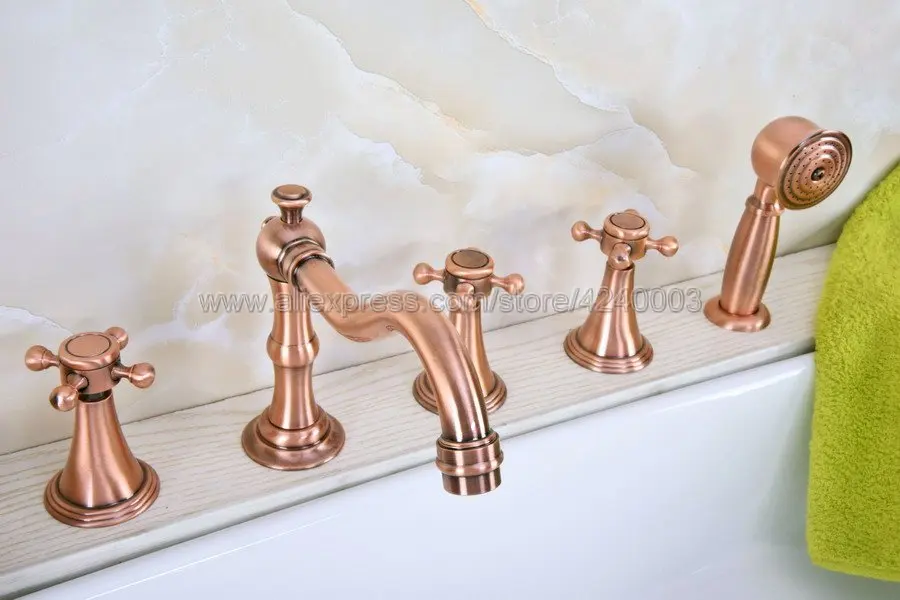 Antique Red Copper Roman Bathtub Faucet Widespread 5pcs Bath Shower Mixer Tap with Handshower Ktf216