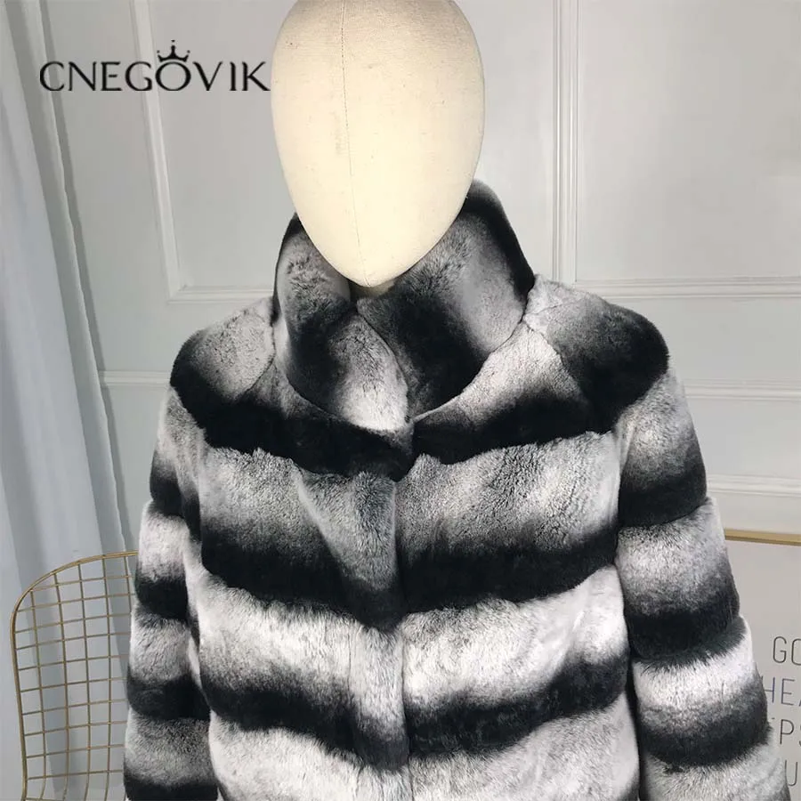 CNEGOVIK New Real Chinchilla Rex Rabbit Fur Coat With hood pattern midum-long style Genuine Rabbit Fur Overcoats Elegant Women