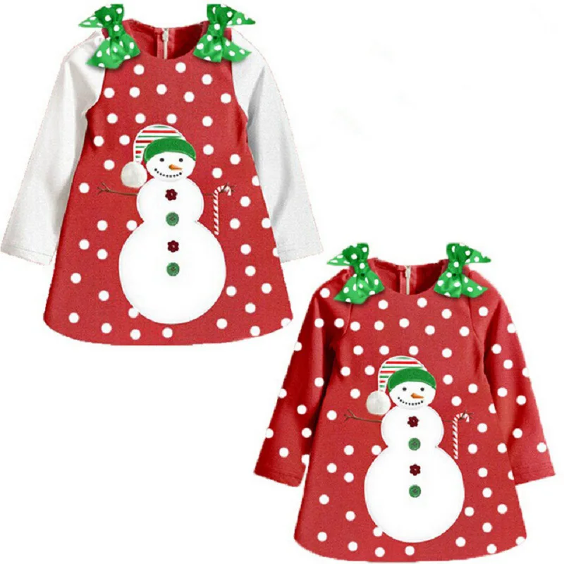 2018 Christmas Baby Girl Dress Red Polka Dot Snowman Children Xmas Clothes Girls Dresses Fleece Winter Toddler Outfits 1-5 Years