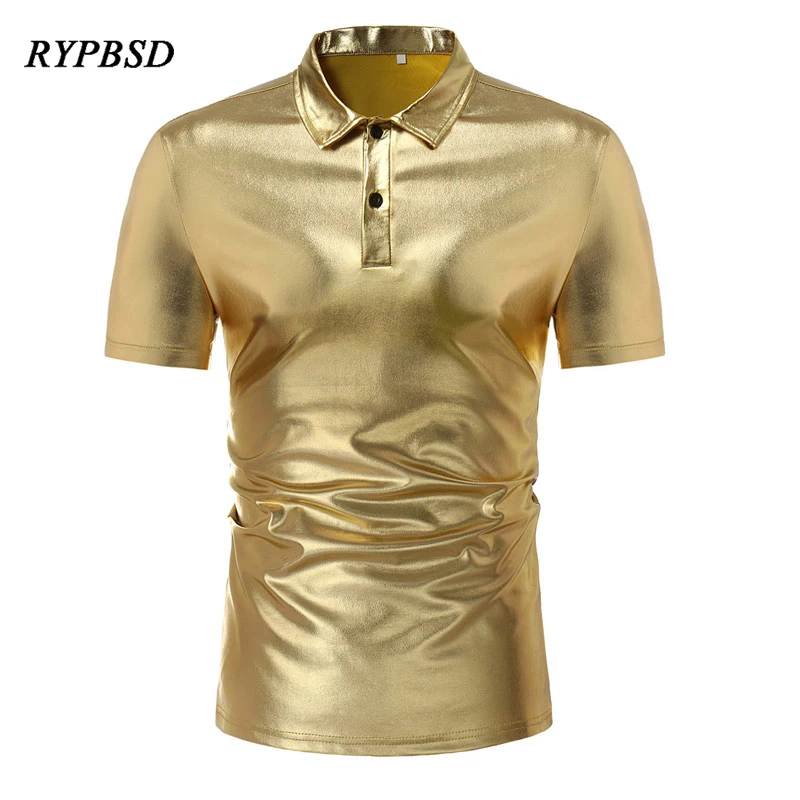 Fashion Harajuku Polo Shirts Men Brand Luxury Nightclub Shiny Gold Silver Summer Short Sleeve Male Dress Shirts Stage Costumes