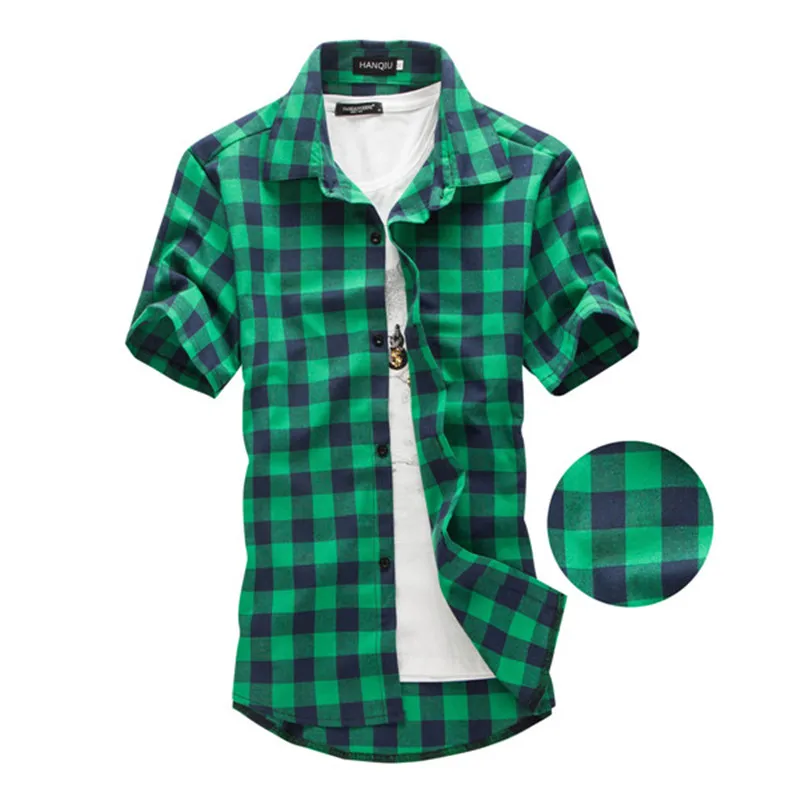 Navy and Green Plaid shirts Men  2024 New Arrival Summer Men\'s Casual Short sleeve Shirts Fashion Chemise Homme Men Dress Shirts