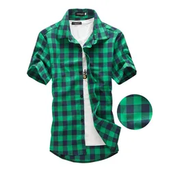 Navy and Green Plaid shirts Men  2024 New Arrival Summer Men's Casual Short sleeve Shirts Fashion Chemise Homme Men Dress Shirts