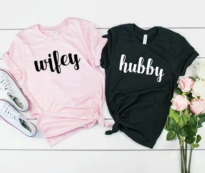 Skuggnas Wifey Hubby T-Shirt Hubby and Wifey Shirts Couples Matching T Shirt Honeymoon Shirts Engagement Marriage Clothing