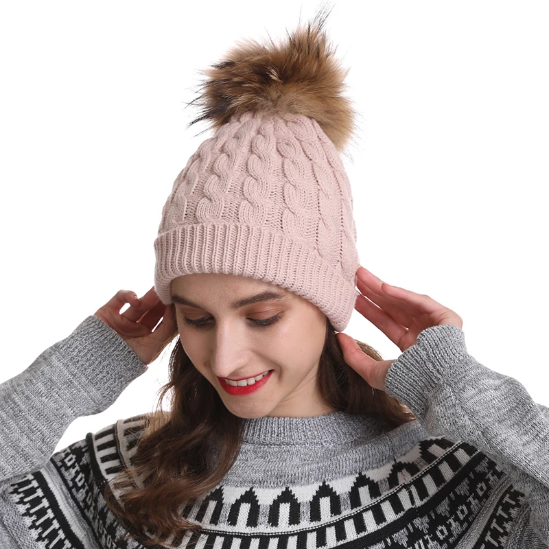 Mom And Kids Winter Hats For Women Big Real Fur Pompom Hat Twisted Knitted Beanie Cap Girls Cotton Skullies