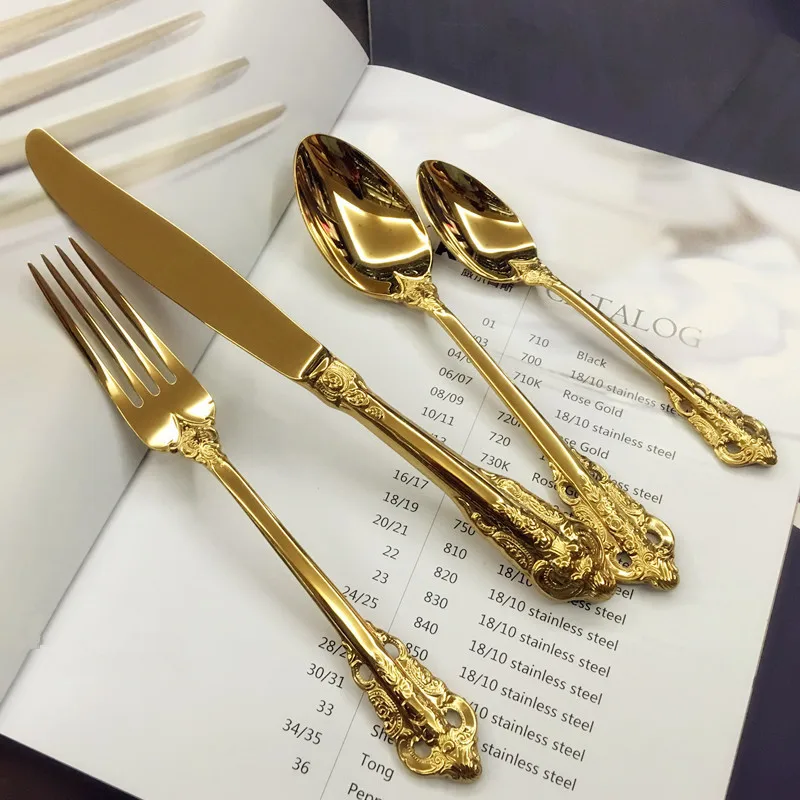 European Gilt Palace Fork Elegant Stainless Steel Knife, Gold Scoop Dinnerware Set, Carved Handle Designs, Flatware, 24Pcs, 6Set