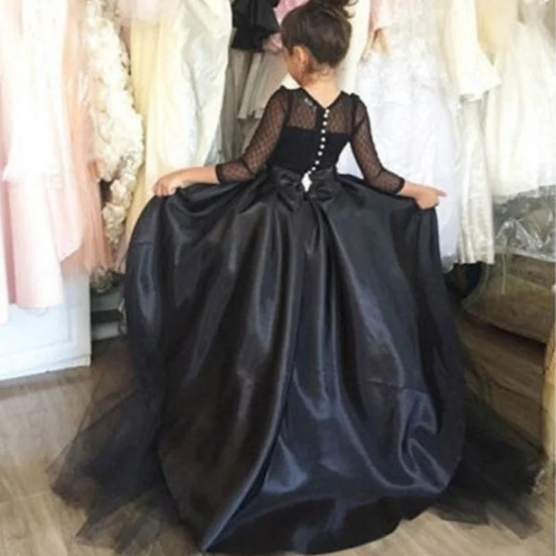 Black Flower Girl Dresses For Girls Jewel Long Sleeve Pageant Dresses Teens Kids Formal Wear Party Communion Dresses