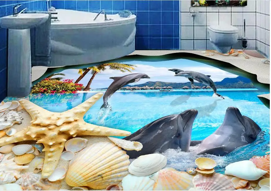 

customize 3d flooring Shell Dolphin 3d stereoscopic wallpaper Toilet Bathroom Bedroom wall papers home decor vinyl flooring