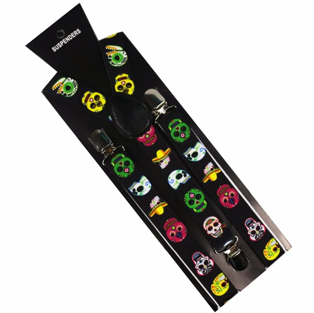 Winfox Hot Sale Black Adjustable Clips On Braces Hip Hop Skull Printed Elastic Suspenders For Women Men