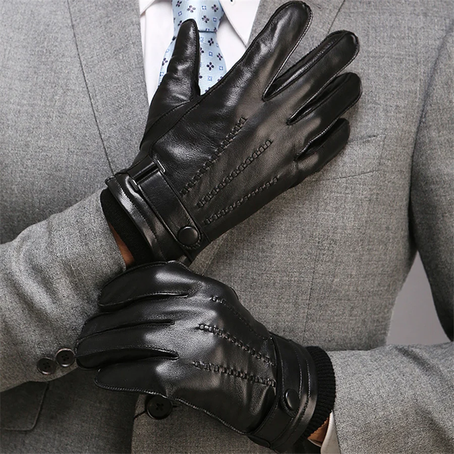 Black Genuine Leather Men Gloves Thermal Winter Driving Glove Fashion Direct Selling Wrist Top Quality Goatskin Rushed M016WZ