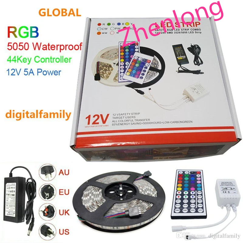 LED Strip Light RGB 5050 5M LED Strips Christmas Waterproof With 44 Keys IR Remote Controller+DC12V 5A Power Adapter Retail Box