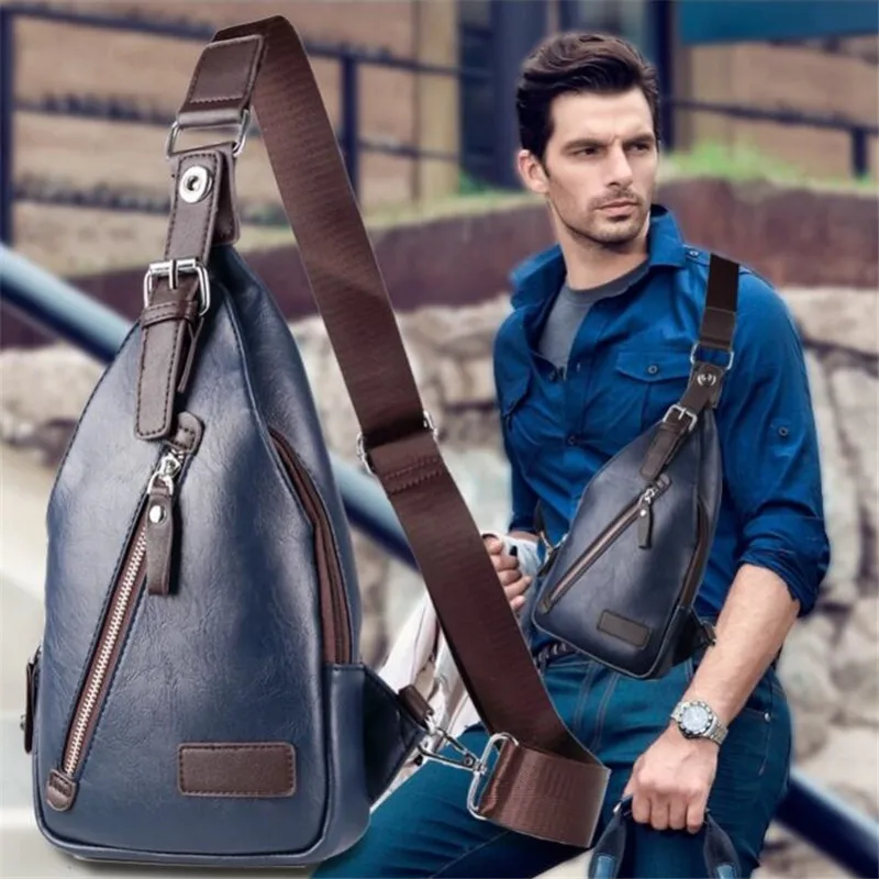 2024 New Anti-thief Crossbody Bag Chest Bag Men Leather Chest Bags Travel Male Sling Bag Black/Blue