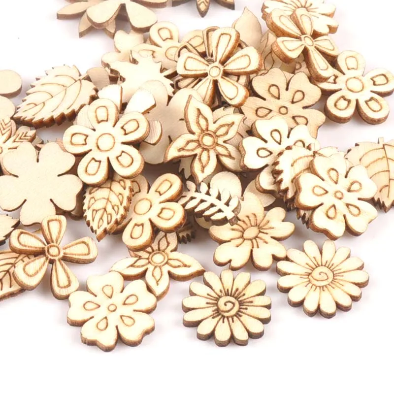 50Pcs Mix Plant/Flower/grass Shape Natural Wooden For Handmade DIY Crafts Wood Ornament Scrapbooking Home Decoration 20mm m1805