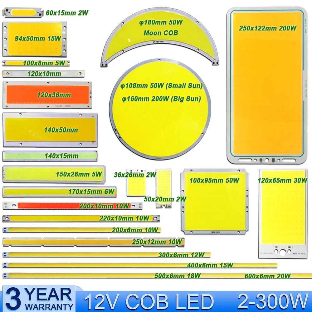 Wholesale 2-300W DC 12V LED COB Light Bulb Strip Panel Lamp Warm Cold White Blue Green Red Color Lighting DC12V LED Chip for DIY