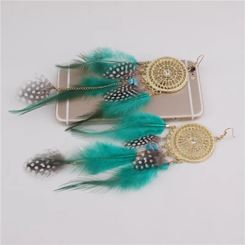 New Design Big Bohemian Ethic Real Feather Clip on Earrings for Women Elegant Gold Color Round Rhinestone Long Pierced Earrings