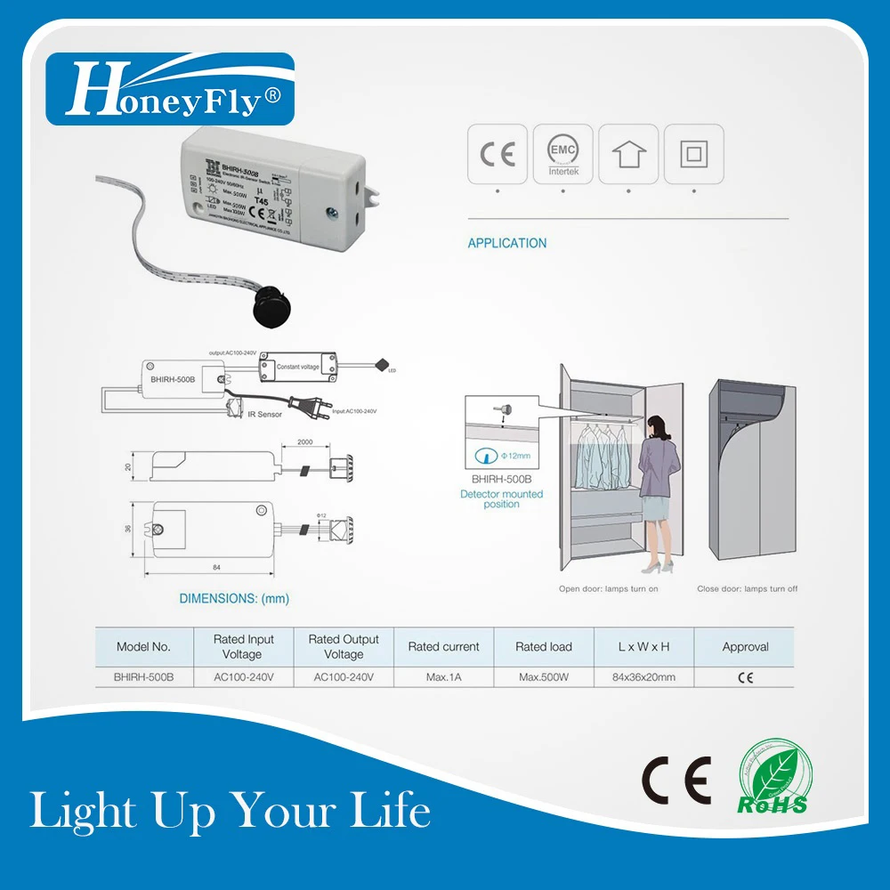 HoneyFly IR Sensor Switch 500W 100-240V (Max.100W For LEDs) Infrared Light AI Switch Motion Sensor Auto On/off 5-10CM