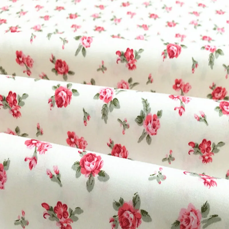 Pretty 50x160cm Blooming Blue White Red Rose Flowers Printed Cotton Fabric For DIY Sewing